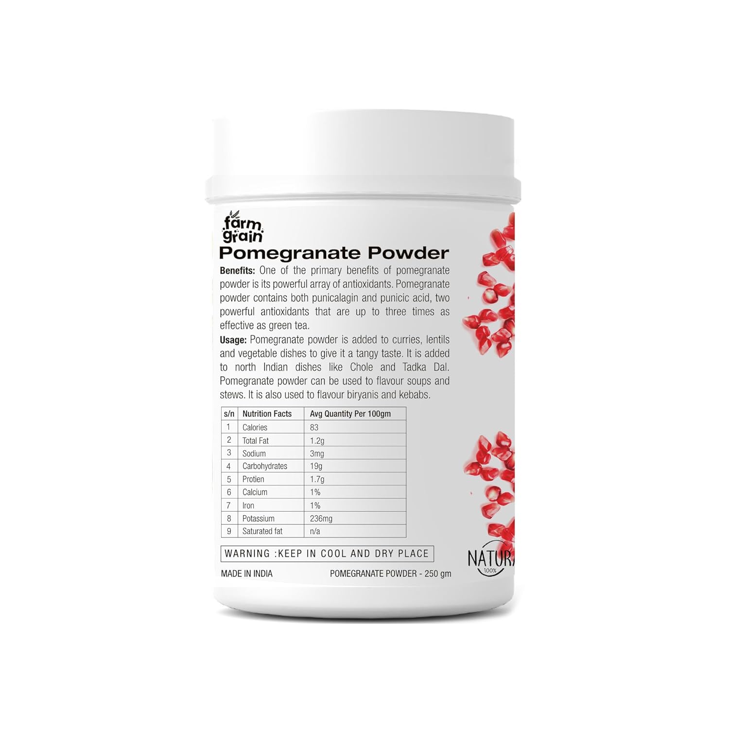 Pure Organic Pomegranate Anar Powder for Drinks & Face Packs 250g