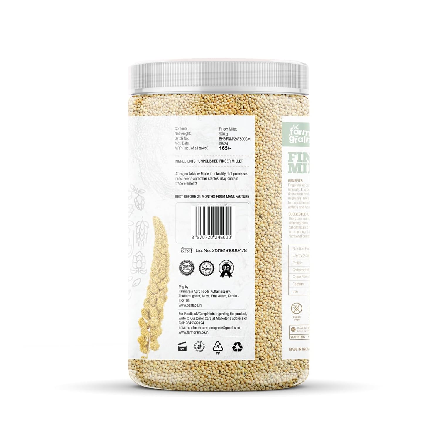 FARM GRAIN Finger Millets (Ragi) - High Protein, Gluten-Free, Nutrient-Rich, Ideal for Healthy Meals, Smoothies, and Baking - 900g Pack, 100% Natural & Organic