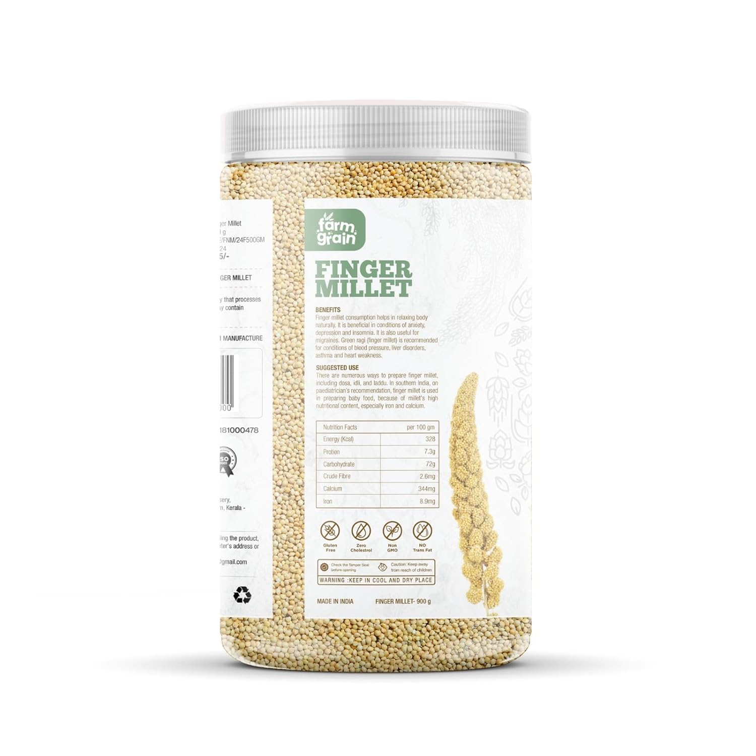 FARM GRAIN Finger Millets (Ragi) - High Protein, Gluten-Free, Nutrient-Rich, Ideal for Healthy Meals, Smoothies, and Baking - 900g Pack, 100% Natural & Organic