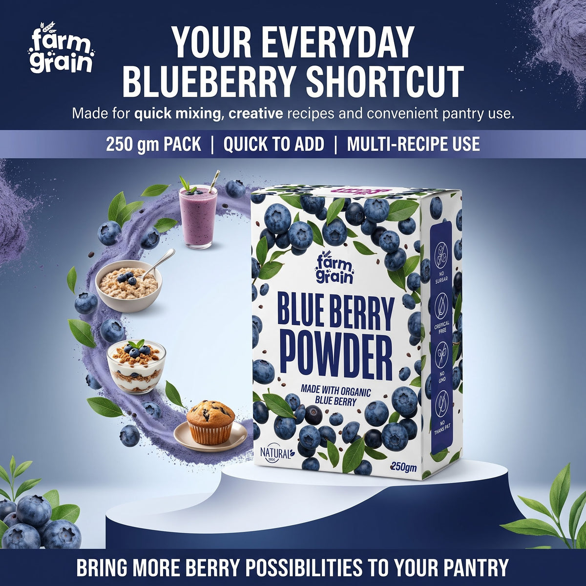 Blueberry Powder - 250g | Spray Dried (Blueberries) | Superfood Powder for Smoothies, Juices, Baking, and Energy Drinks