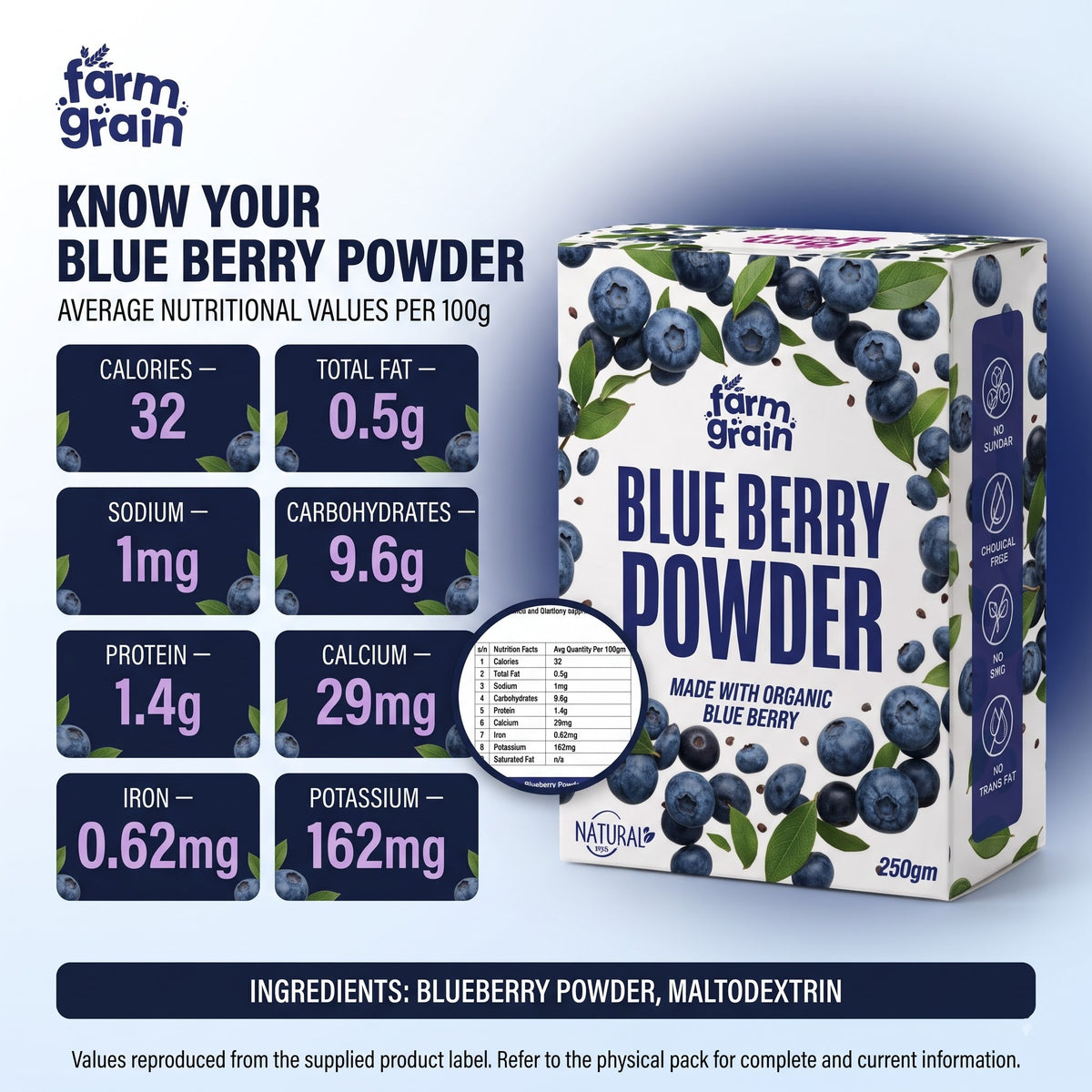 Blueberry Powder - 250g | Spray Dried (Blueberries) | Superfood Powder for Smoothies, Juices, Baking, and Energy Drinks