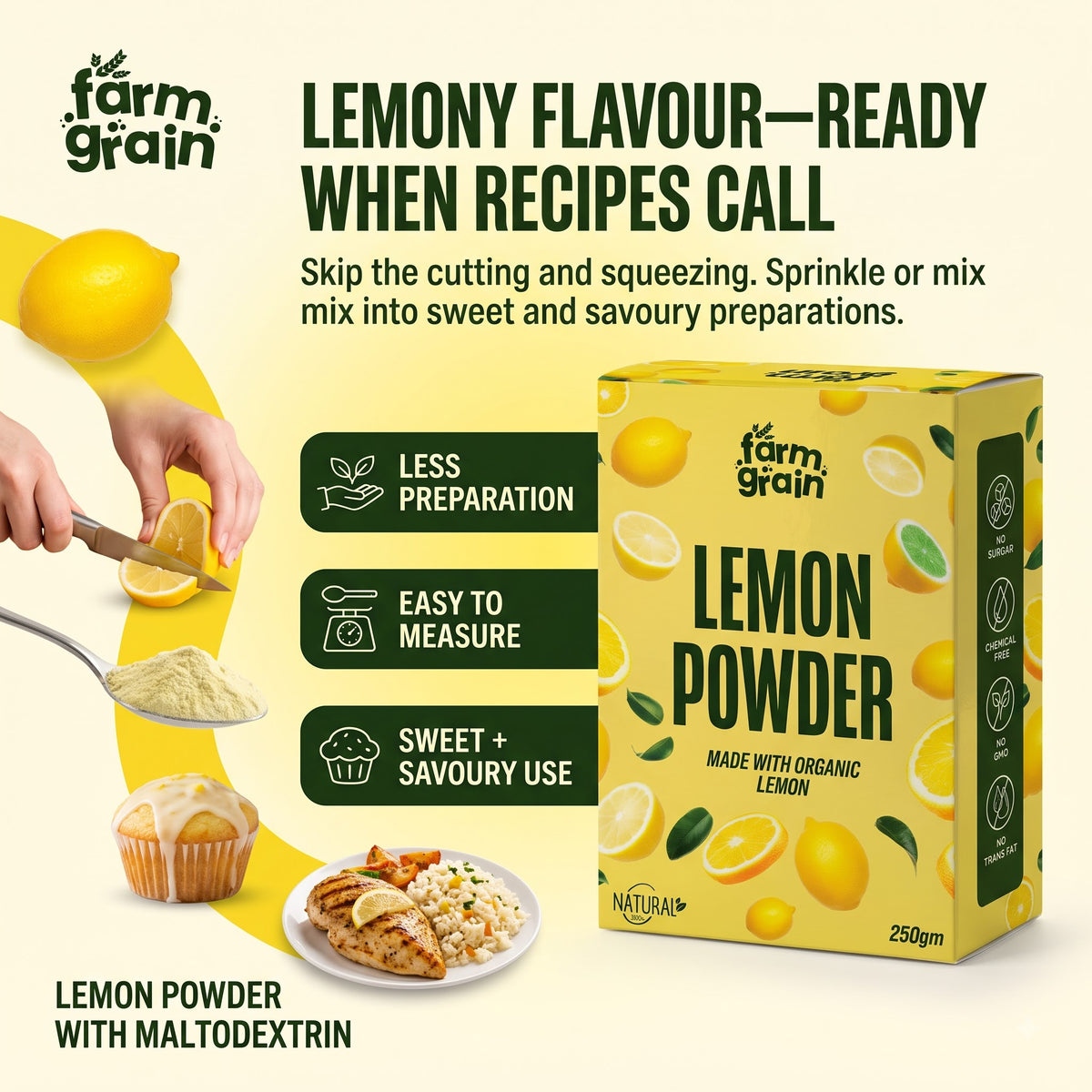 Lemon Powder - 250g | For food | juice | Lemonade | Ingredient in beverages like, Mocktails, cooking, baking, cosmetics | No Artificial colour | No preservatives | No added sugar