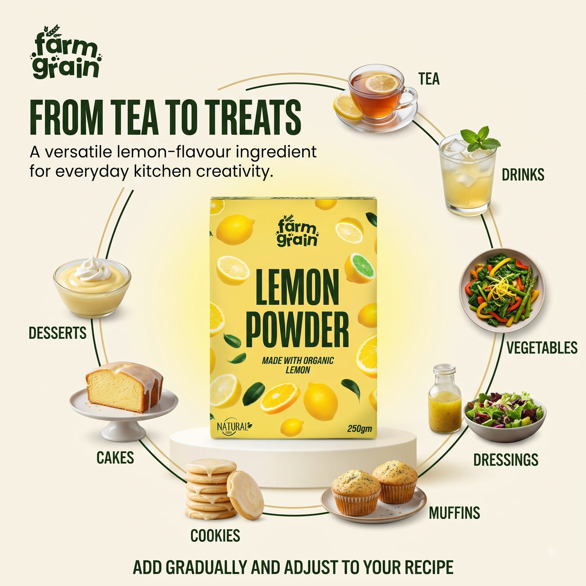 Lemon Powder - 250g | For food | juice | Lemonade | Ingredient in beverages like, Mocktails, cooking, baking, cosmetics | No Artificial colour | No preservatives | No added sugar