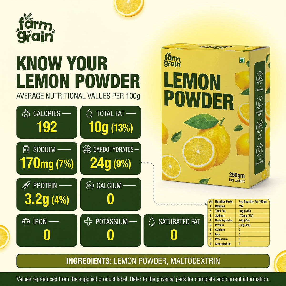 Lemon Powder - 250g | For food | juice | Lemonade | Ingredient in beverages like, Mocktails, cooking, baking, cosmetics | No Artificial colour | No preservatives | No added sugar